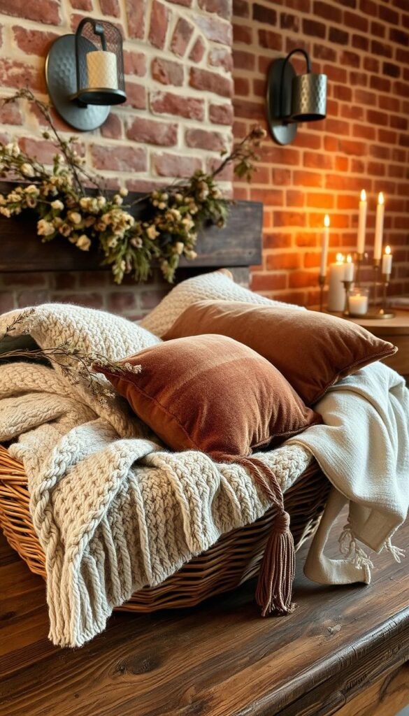A cozy arrangement of natural materials resting on a rustic wooden surface. In the foreground, a woven basket overflows with soft, earthy textiles - chunky knitted throws, plush velvet cushions, and tasseled linen. Winding through the midground, a garland of dried florals and branches casts gentle shadows. The background features a wall of exposed brick, illuminated by the warm glow of candles flickering in hammered metal sconces. The overall scene evokes a sense of hearth and home, a comforting retreat from the outside world.