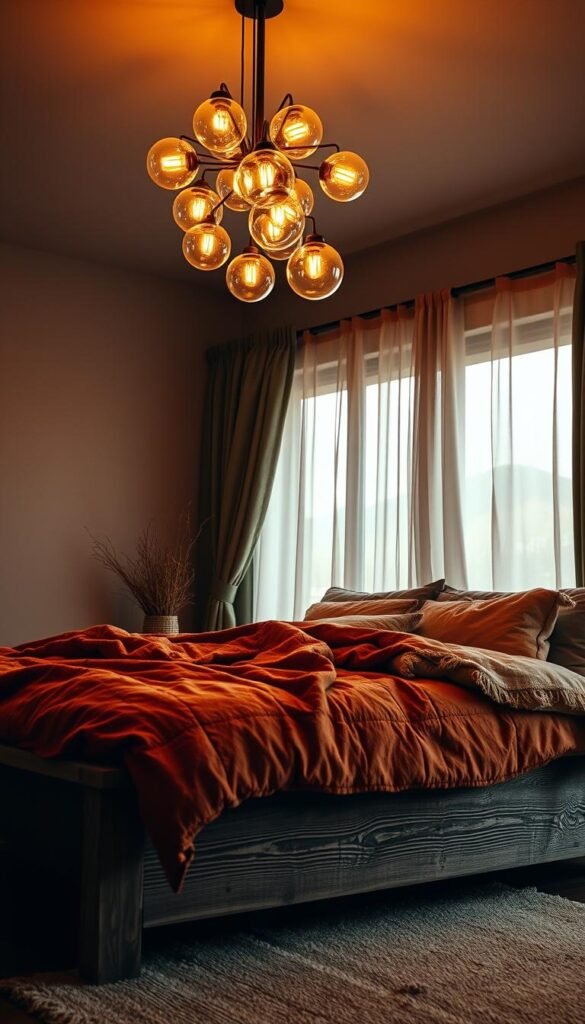 A cozy, atmospheric bedroom with warm, earthy tones and soft, diffused lighting. A large, distressed wooden bed frame in the foreground, with layers of plush, textured bedding in muted shades of terracotta, ochre, and sage. Overhead, a cluster of globe-shaped pendant lights cast a gentle, amber glow, creating a inviting ambiance. In the background, a large window with diaphanous, billowing curtains, allowing natural light to filter in and blend with the artificial illumination. The walls are painted in a muted, matte finish, complementing the organic, bohemian aesthetic. The overall scene evokes a sense of tranquility and relaxation, perfect for setting the mood in a modern, earthy-inspired bedroom.