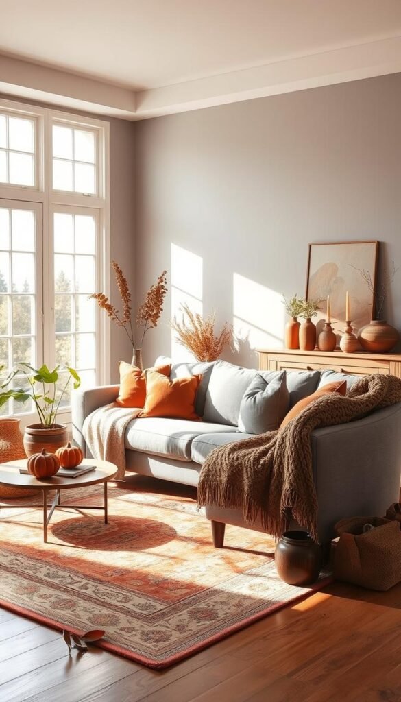 A cozy autumn living room with a neutral color palette of soft grays and muted rust tones. Sunlight filters in through large windows, casting warm, diffused lighting on a plush gray sofa and matching armchair. Decorative accents in shades of rust, terracotta, and ocher add depth and texture, from a chunky knit throw to ceramic vases and candleholders. The hardwood floor is dotted with a vintage-inspired rug in earthy hues. Potted plants and dried foliage bring natural elements into the space, creating a serene, inviting atmosphere perfect for autumn.
