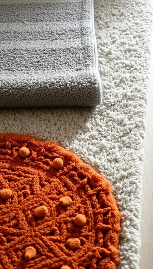 A cozy autumn rug, layered with plush, textured elements. In the foreground, a soft, hand-woven rust-colored base, its intricate patterns casting warm shadows. Atop this, a subtly striped gray runner rug, its fibers catching the gentle light. In the background, a thick, shaggy gray rug with a hint of sheen, adding depth and dimension. Carefully arranged, these neutral tones and natural textures evoke the tranquil beauty of the season, creating a serene and inviting atmosphere perfect for a cozy gray and rust-themed living room.