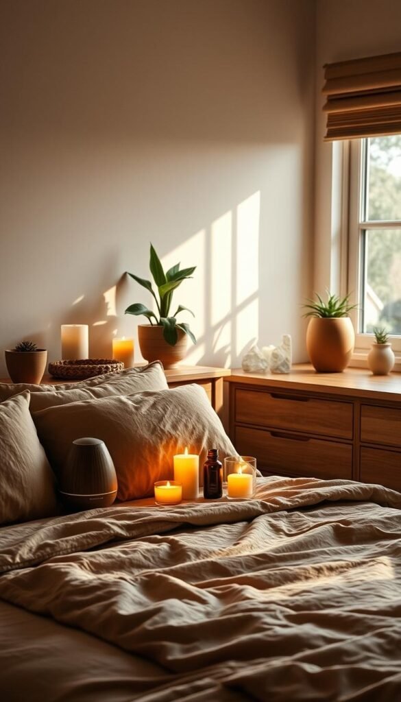A cozy bedroom bathed in soft, warm lighting, with a bedside table adorned with lit aromatherapy candles and a diffuser emitting soothing essential oil scents. Plush bedding in earthy tones, natural wood accents, and a calming neutral color palette create an inviting and relaxing atmosphere. Strategically placed plants and crystals on the dresser and windowsill add to the serene, grounding ambiance. Gentle shadows cast by the candlelight and a slight haze from the diffuser contribute to the tranquil, spa-like feel of the space. A cozy bedroom bathed in soft, warm lighting, with a bedside table adorned with lit aromatherapy candles and a diffuser emitting soothing essential oil scents. Plush bedding in earthy tones, natural wood accents, and a calming neutral color palette create an inviting and relaxing atmosphere. Strategically placed plants and crystals on the dresser and windowsill add to the serene, grounding ambiance. Gentle shadows cast by the candlelight and a slight haze from the diffuser contribute to the tranquil, spa-like feel of the space.