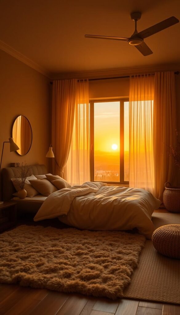 A cozy bedroom bathed in the warm, golden glow of the setting sun. Soft, diffused light filters through sheer curtains, casting a gentle, ethereal illumination across the room. The walls are painted in earthy, natural tones that complement the golden hues, creating a soothing, relaxing atmosphere. A large window frames a picturesque view of the outdoors, where the horizon is ablaze with vibrant orange and yellow hues. A plush, textured rug and inviting bedding add to the serene ambiance, while carefully placed lamps and fixtures enhance the overall lighting design. The scene is captured through a wide-angle lens, emphasizing the spaciousness and tranquility of the space.