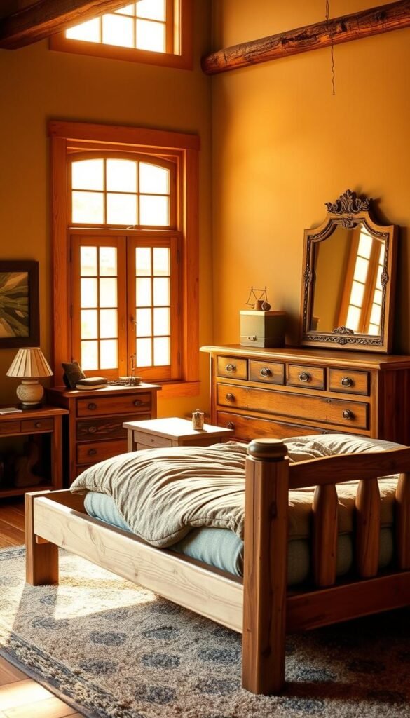 A cozy bedroom bathed in warm, natural light, showcasing a collection of rustic, handcrafted wooden furniture. In the foreground, a sturdy, solid-wood bed frame with a simple, earthy design, adorned with plush, neutral-toned bedding. Beside it, a matching nightstand with a weathered, distressed finish, holding a vintage-inspired table lamp. In the middle ground, a timeless, wooden dresser with clean lines and a touch of character, complemented by a large, ornate mirror. In the background, a pair of floor-to-ceiling windows allow the soft, golden light to filter in, casting a serene, inviting atmosphere throughout the space. The overall scene conveys a sense of timelessness, authenticity, and a connection to the natural world.
