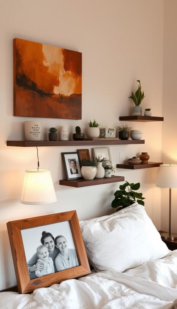 A cozy bedroom corner showcases an eclectic array of personal mementos and artworks. In the foreground, a wooden picture frame displays a family photograph, its rustic texture complementing the neutral color palette. Hanging above, an abstract painting in warm tones adds a touch of creativity and individuality. Carefully curated trinkets, plants, and ceramics on floating shelves create a visually appealing vignette, radiating a sense of warmth and lived-in charm. Soft, diffused lighting from a table lamp casts a gentle glow, evoking a peaceful, introspective atmosphere. The overall composition celebrates the homeowner's unique style and personality, seamlessly integrating these personal touches into the bedroom's serene and inviting ambiance.