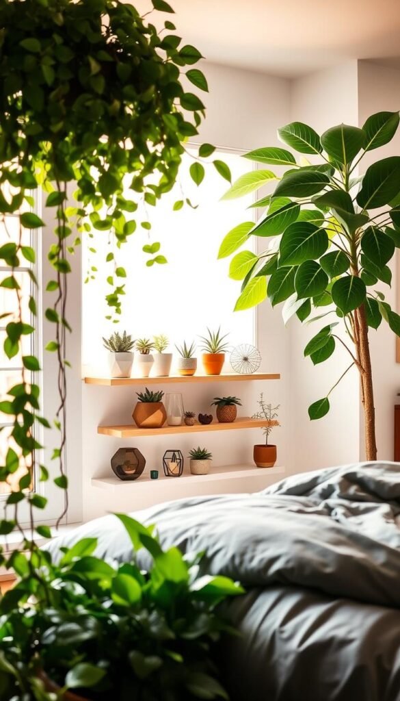A cozy bedroom filled with lush, pet-friendly greenery. In the foreground, a mix of trailing vines and leafy plants adorn the windowsill, casting a warm, natural glow. Midsection showcases a variety of potted succulents and air plants on floating shelves, their geometric shapes and textures complementing the minimalist decor. In the background, a tall fiddle-leaf fig tree stands tall, its broad leaves filtering the soft, diffused lighting. The overall scene exudes a serene, biophilic atmosphere, perfect for a bedroom oasis that both humans and their furry companions can enjoy.