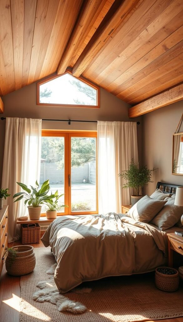 A cozy bedroom flooded with soft, warm natural light filtering through sheer curtains. The bed is adorned with plush linens in earthy tones, complemented by natural wood furniture and woven textures. A large window overlooking a tranquil outdoor scene casts a gentle glow, illuminating the space with a soothing, welcoming ambiance. Wooden beams on the ceiling add rustic charm, while a plush area rug and potted plants create a harmonious, nature-inspired atmosphere. The overall scene exudes a sense of serenity and comfort, perfect for a serene master bedroom design. A cozy bedroom flooded with soft, warm natural light filtering through sheer curtains. The bed is adorned with plush linens in earthy tones, complemented by natural wood furniture and woven textures. A large window overlooking a tranquil outdoor scene casts a gentle glow, illuminating the space with a soothing, welcoming ambiance. Wooden beams on the ceiling add rustic charm, while a plush area rug and potted plants create a harmonious, nature-inspired atmosphere. The overall scene exudes a sense of serenity and comfort, perfect for a serene master bedroom design.