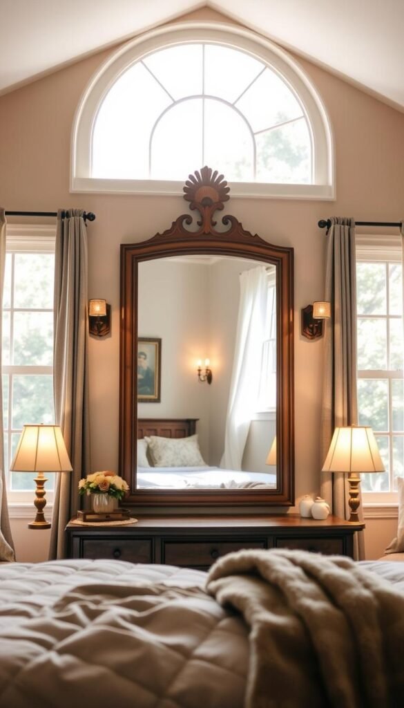 A cozy bedroom interior with a large window illuminating the space. In the center, a beautiful antique vanity mirror is strategically placed to reflect the natural light, creating a warm, inviting glow throughout the room. Soft, diffused lighting from table lamps and wall sconces enhances the mirror's luminous effect, casting a serene and peaceful ambiance. The mirror is framed in a rustic, wooden finish that complements the room's neutral color palette and natural textures. The composition showcases how clever mirror placement can amplify the perception of space and contribute to an overall sense of comfort and relaxation.