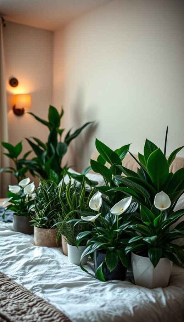 A cozy bedroom interior with a lush, verdant arrangement of night oxygen plants artfully displayed. Potted succulents, snake plants, and peace lilies strategically placed to create a tranquil, serene ambiance. Soft, warm lighting from sconces and tabletop lamps casts a gentle glow, highlighting the plants' vibrant foliage. The composition uses a low angle to emphasize the plants' height and presence, creating an immersive, serene atmosphere. Muted tones of green, white, and soft browns evoke a sense of natural harmony. The scene conveys a restful, calming mood perfect for a good night's sleep.