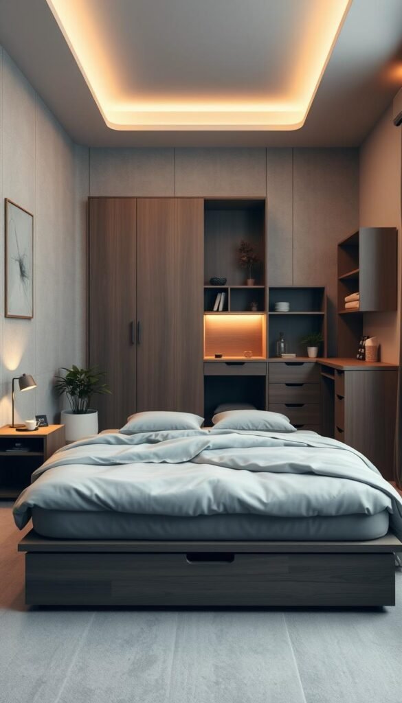 A cozy bedroom interior with a multi-functional furniture setup. In the foreground, a modern double bed with storage drawers underneath, flanked by two slim side tables with built-in lamps. In the middle ground, a sleek, minimalist wardrobe with sliding doors and ample storage space. To the side, a modular workstation with a pull-out desk, shelves, and drawers, doubling as a study nook. Soft, warm lighting illuminates the space, creating an inviting and relaxing atmosphere. The walls feature a muted color palette, complemented by textured accents and plants, fostering a sense of serenity and practicality.