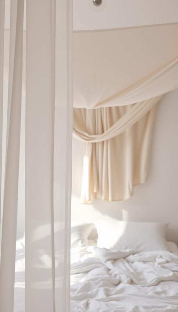A cozy bedroom sanctuary bathed in soft, diffused light. In the foreground, delicate sheer curtains gently sway, their ethereal texture adding a sense of weightlessness. Midground features a set of free-hanging textiles, their elegant folds and drapes creating an inviting, textural focal point above the bed. The background showcases a neutral color palette, allowing the textiles to take center stage. Subtle shadows and highlights accentuate the depth and dimension of the scene, conveying a serene, calming atmosphere ideal for relaxation.