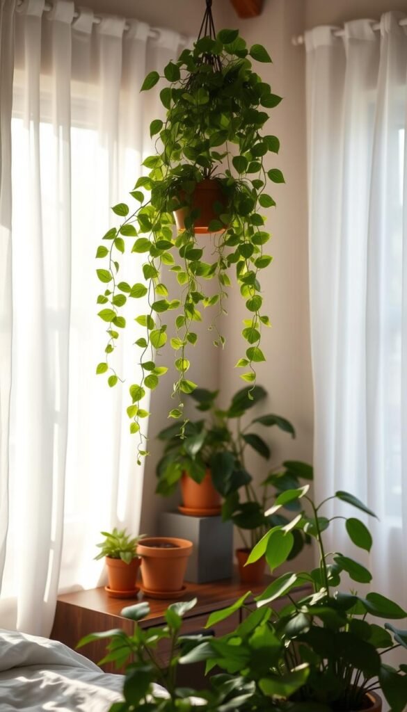 A cozy bedroom sanctuary, bathed in soft, natural light filtering through sheer curtains. In the foreground, lush, verdant house plants in terracotta pots adorn the nightstands and window sills, their leaves gently swaying. In the middle ground, a verdant hanging plant cascades down, its tendrils creating a softly framing effect. Nestled against the back wall, a tall, leafy plant stands tall, its foliage reaching towards the ceiling, blending the indoors and outdoors. The overall atmosphere is one of serene, earthy tranquility, inviting you to relax and unwind.
