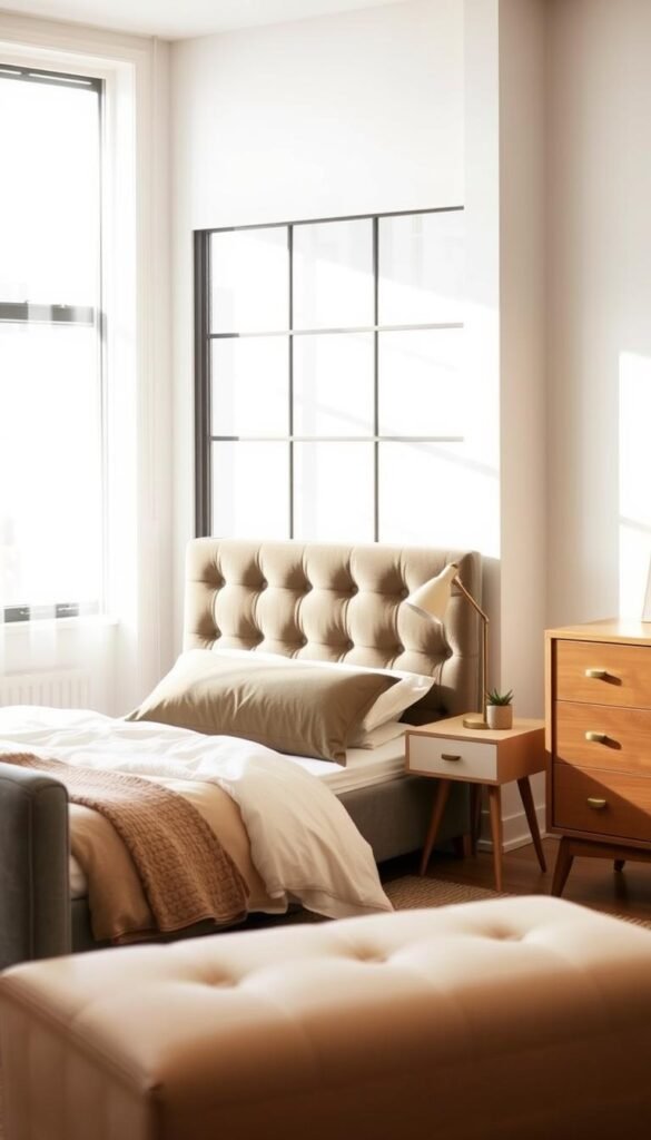 A cozy bedroom scene showcasing essential furniture pieces: a plush, tufted gray velvet bed frame with a wooden headboard, a sleek, mid-century modern bedside table with a minimalist lamp, and a classic wooden dresser with clean lines and brass hardware. The room is bathed in warm, diffused lighting from a large window, casting a soft, inviting glow. The overall atmosphere is one of understated elegance and effortless style, creating a harmonious, restful ambiance.