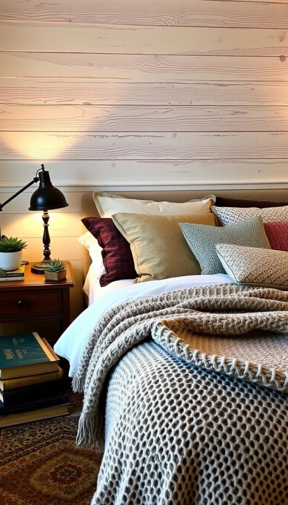 A cozy bedroom with a distinct personal flair. In the foreground, an array of decorative accents adorn the nightstands - a vintage table lamp, a potted succulent, and a stack of well-worn books. The middle ground showcases a plush, textured throw blanket draped over the foot of the bed, complemented by a collection of throw pillows in complementary hues. The background features a rustic, whitewashed wood paneled wall, casting a warm, inviting glow through the soft, diffused lighting. The overall scene conveys a sense of comfort, creativity, and individual expression, reflecting the personality of the occupant.