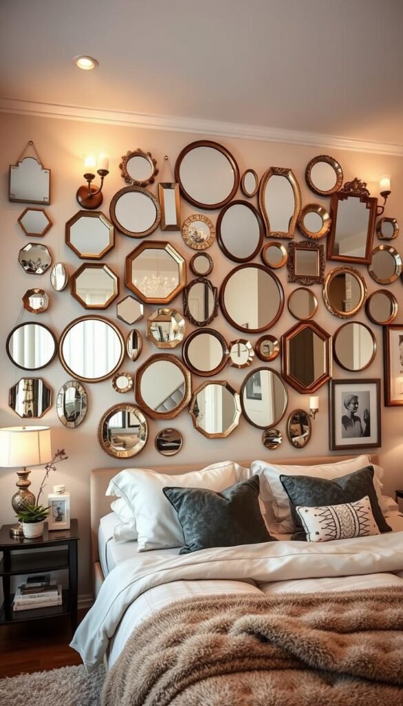 A cozy bedroom with a focal wall adorned with an artful arrangement of mirrors in various shapes and sizes, creating a captivating interplay of reflections. The mirrors are strategically placed to maximize the sense of depth and illusion, with some mounted at different angles to add dynamism. Soft, warm lighting from sconces and lamps casts a gentle glow, enhancing the luxurious, intimate atmosphere. The mirrors are complemented by a mix of decorative elements, such as potted plants, framed artwork, and plush textiles, seamlessly integrating the display into the overall bedroom design. The result is a visually stunning, Pinterest-worthy space that invites the viewer to explore the captivating mirror arrangements.