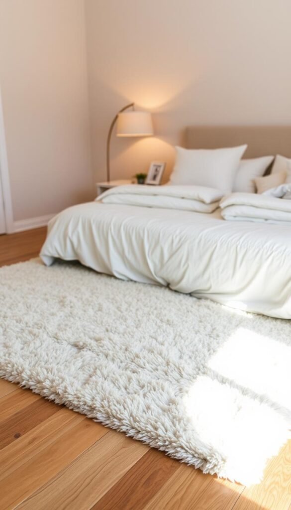 A cozy bedroom with a soft, large area rug taking center stage. The plush, neutral-toned rug covers a significant portion of the hardwood floor, inviting barefoot comfort. Warm, diffused lighting from a nearby floor lamp casts a gentle glow, creating a serene and intimate atmosphere. Subtle texture and pattern in the rug add visual interest, complementing the minimalist decor. Nearby, a plush bed with crisp white linens and fluffy pillows hints at the overall coziness of the space. The rug grounds the room, defining the cozy seating area and anchoring the tranquil, relaxing ambiance.