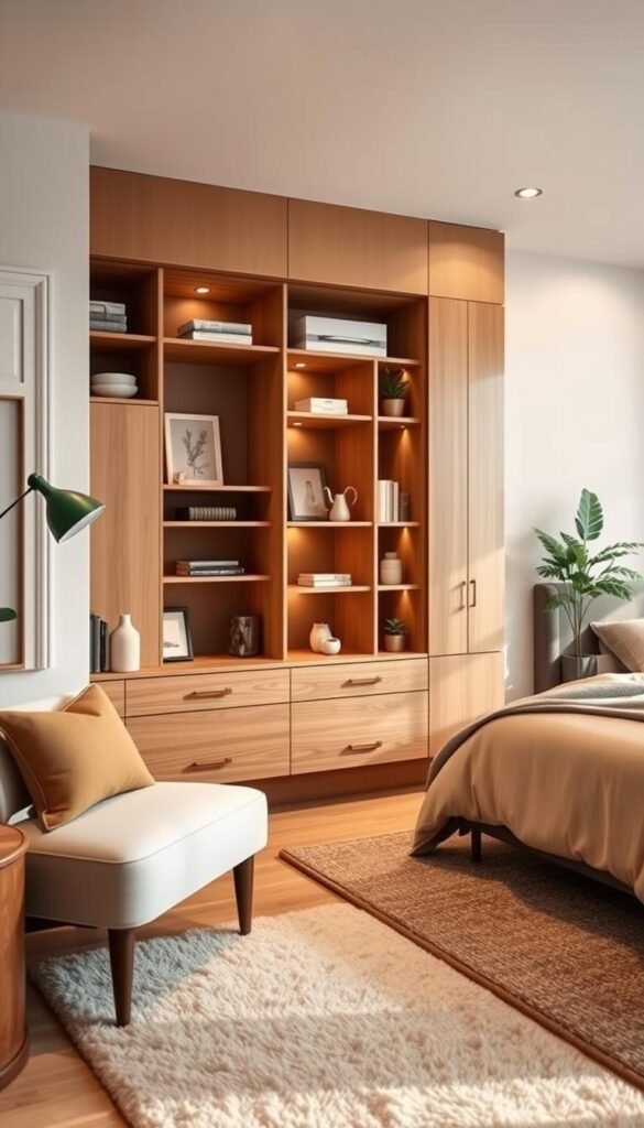 A cozy bedroom with a stylish and functional storage wall unit. The unit features a variety of compartments, shelves, and drawers in warm wood tones, seamlessly integrated into the room's decor. Soft lighting illuminates the space, creating a welcoming ambiance. In the foreground, a plush area rug and a comfortable chair invite relaxation. The middle ground showcases the storage solutions, with carefully curated decor and plants adding visual interest. The background features a minimalist bed frame and soothing neutral wall colors, maintaining a serene and uncluttered atmosphere. The overall scene conveys a sense of effortless organization and tranquility.