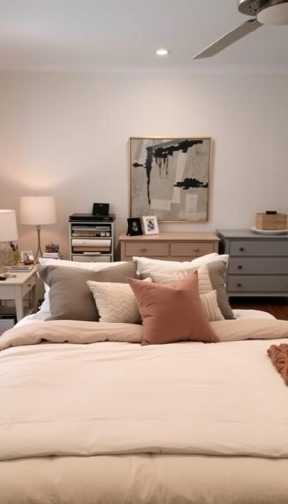 A cozy bedroom with a well-styled bed takes center stage. In the foreground, the bed features crisp white linens, a plush gray duvet, and an array of decorative pillows in complementary hues. The lighting is soft and warm, creating a serene and inviting atmosphere. In the middle ground, a cluttered nightstand with too many trinkets distracts from the aesthetic. On the opposite side, a poorly-placed dresser blocks the flow of the room. In the background, an oversized and mismatched artwork overwhelms the space. With a few simple fixes, like streamlining the nightstand, repositioning the dresser, and selecting a more harmonious piece of art, this bedroom can become a true Pinterest-worthy retreat.