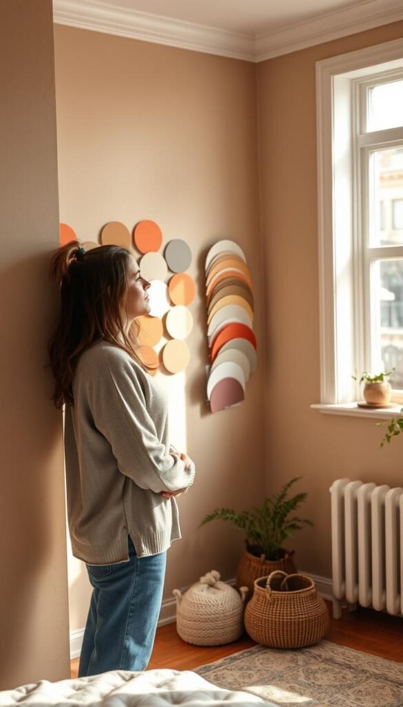 A cozy bedroom with earthy tones, a woman standing beside a wall, intently examining paint swatches as she considers the perfect hue for her space. The room is bathed in soft, natural light filtering through a large window, casting a warm glow over the scene. Carefully arranged paint samples adorn the wall, their colors subtly blending together. The woman's expression is one of thoughtful concentration, as she contemplates how each shade will complement the existing decor. The overall atmosphere is one of serene contemplation, inviting the viewer to imagine the transformative potential of the right paint color.