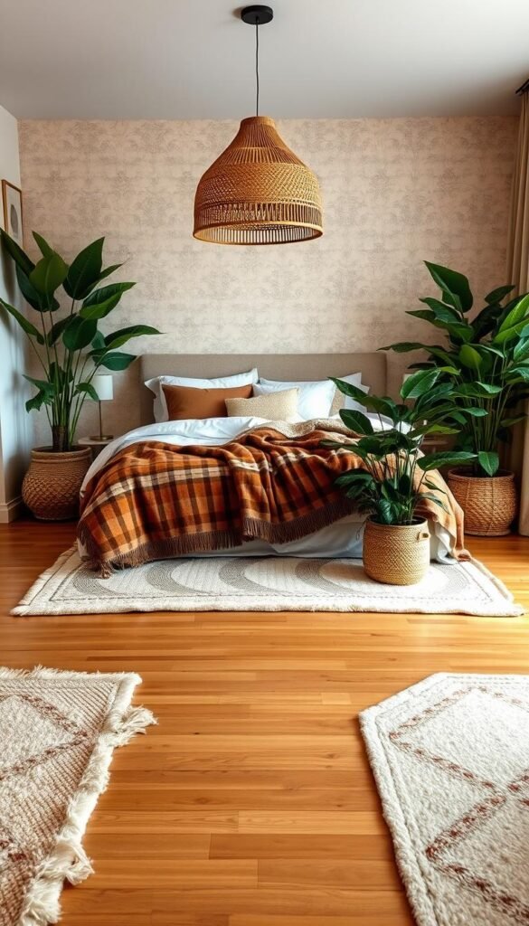 A cozy bedroom with earthy tones and natural textures. The focal point is a large, inviting bed draped in a mix of patterned throws and lush bedding. Plush rugs in complementary hues cover the hardwood floor, and a woven pendant light casts a warm glow over the scene. Tall, leafy houseplants in woven baskets flank the bed, their foliage creating a sense of lush, botanical tranquility. The walls feature a subtle wallpaper with a nature-inspired motif, echoing the outdoor elements that inspire the room's design. Soft, indirect lighting accentuates the layered textures and natural palette, creating an enveloping, serene atmosphere. A cozy bedroom with earthy tones and natural textures. The focal point is a large, inviting bed draped in a mix of patterned throws and lush bedding. Plush rugs in complementary hues cover the hardwood floor, and a woven pendant light casts a warm glow over the scene. Tall, leafy houseplants in woven baskets flank the bed, their foliage creating a sense of lush, botanical tranquility. The walls feature a subtle wallpaper with a nature-inspired motif, echoing the outdoor elements that inspire the room's design. Soft, indirect lighting accentuates the layered textures and natural palette, creating an enveloping, serene atmosphere.