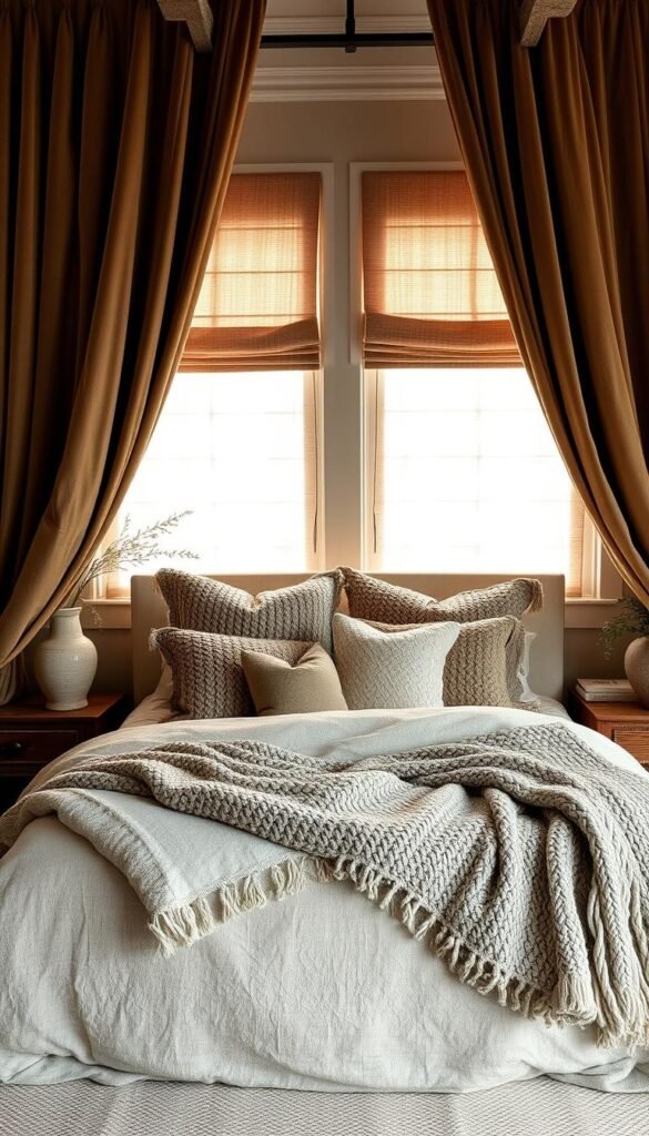A cozy bedroom with layers of inviting textures. Plush velvet curtains cascade from the ceiling, framing the scene. Soft, chunky knit throws and pillows adorn a linen-upholstered bed, creating a tactile haven. Weathered wood nightstands flank the bed, their surfaces adorned with ceramic vases and plants. Warm, diffused lighting filters through sheer linen shades, casting a gentle glow. The overall atmosphere is one of comfort and sophistication, with each texture complementing the others to create a harmonious, enveloping space.