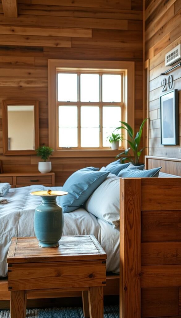 A cozy bedroom with natural wood tones and soft blue accents. A large bed with a weathered wood headboard takes center stage, topped with plush blue bedding and pillows. In the foreground, a rustic wood nightstand holds a simple blue ceramic lamp, casting a warm glow. The middle ground features a wood-framed mirror on the wall, reflecting the natural light flooding in from large windows. In the background, a wood-paneled accent wall provides a beautiful textural backdrop, complemented by a potted plant and minimalist blue artwork. Overall, the scene emanates a soothing, serene atmosphere, blending the natural warmth of wood with the calming essence of blue.
