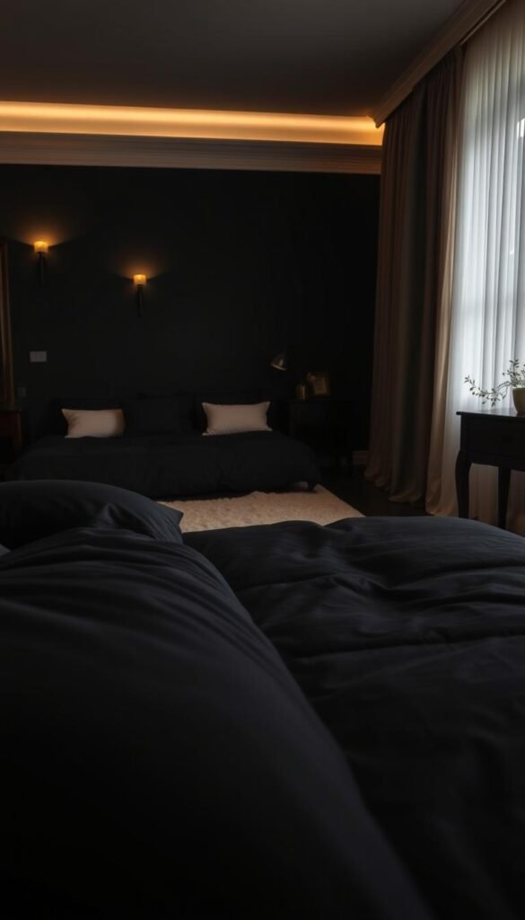 A cozy black and beige bedroom with soft, luxurious textiles. In the foreground, a plush black comforter and matching throw pillows create a welcoming and moody atmosphere. In the middle ground, a natural beige area rug and sheer curtains add depth and texture. The background features dark wooden furniture, warm wall sconces, and a minimalist bedside table with a single potted plant. Gentle, diffused lighting casts a soothing glow throughout the space, evoking a sense of relaxation and comfort. The overall aesthetic is a harmonious blend of earthy tones and elegant simplicity.