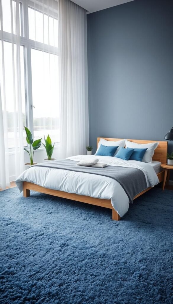 A cozy blue carpet adorns the bedroom floor, its plush, inviting texture beckoning bare feet. Soft, diffused lighting filters through sheer curtains, casting a soothing glow over the space. A minimalist wooden bed frame anchors the center, topped with fluffy white bedding and an array of plump blue and gray pillows. Subtle pops of greenery in the form of potted plants add a refreshing touch, while a large window offers a peaceful view of a tranquil outdoor scene. The overall atmosphere exudes a sense of calming comfort, perfect for a restful night's sleep.