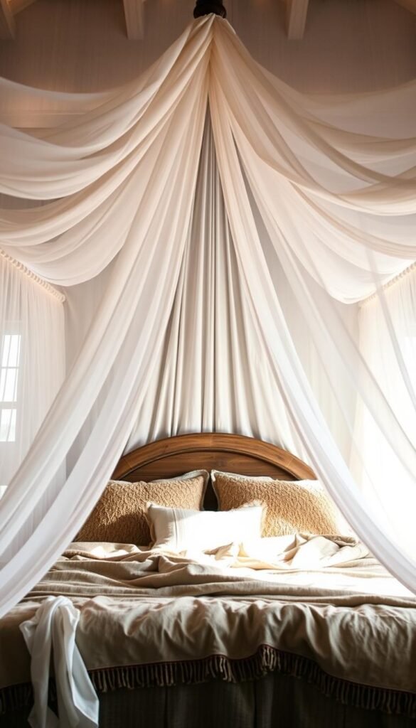A cozy, bohemian-inspired canopy bed with flowing, sheer white fabrics draped elegantly overhead. The bedding is a mix of plush textures in earthy tones, complemented by a rustic wooden headboard. Soft, natural lighting filters through the canopy, creating a warm, inviting atmosphere. The scene is captured from a low angle, emphasizing the grandeur and romance of the canopy bed design. This image perfectly captures the "Boho Meets Earthy" theme, highlighting the dramatic impact a canopy or statement headboard can have in a cozy bedroom setting.