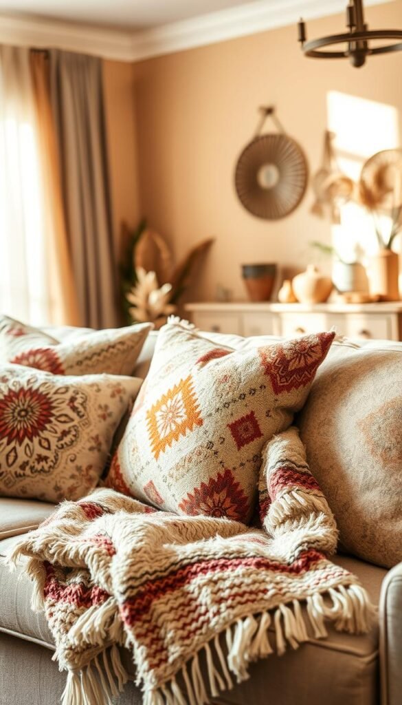 A cozy boho-chic living room filled with plush, textured pillows and throws in earthy tones. The pillows are adorned with intricate patterns and boho-inspired motifs, creating a warm, inviting atmosphere. Soft, natural lighting filters through sheer curtains, casting a gentle glow on the scene. In the middle ground, a plush, multi-colored throw is casually draped over a neutral-toned sofa, adding depth and texture. The background features warm, neutral-colored walls and subtle boho-inspired decor, complementing the overall aesthetic. The image conveys a sense of comfort, relaxation, and a touch of bohemian elegance.