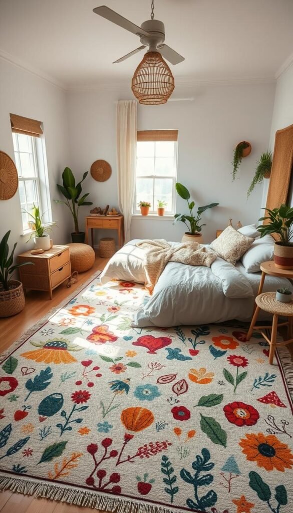 A cozy, boho-inspired bedroom with an illustrated statement rug as the focal point. The rug features a vibrant, earthy-toned pattern of whimsical botanical motifs and abstract shapes, creating a sense of warmth and personality. The room is bathed in soft, natural lighting, casting a serene glow over the space. Textured bedding, rattan accents, and potted plants add to the relaxed, organic atmosphere. The camera captures the rug from an overhead angle, showcasing its intricate design and how it anchors the room's design. The overall mood is inviting, harmonious, and reflective of the 2026 boho-meets-earthy bedroom style.