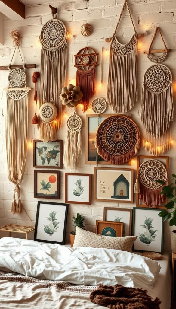 A cozy boho-inspired wall filled with an eclectic mix of macrame wall hangings, dreamcatchers, woven tapestries, and artfully arranged framed prints. The pieces are displayed against a warm, earthy backdrop of exposed white brick, creating a harmonious and inviting atmosphere. Soft, diffused lighting casts a golden glow, accentuating the natural textures and organic shapes. The overall effect is a visually captivating and personalized display that reflects the inhabitant's unique style and personality, perfectly complementing the modern bohemian vibe of the bedroom.