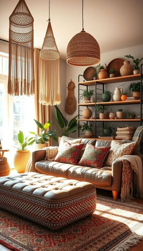 A cozy boho living room awash in natural light, showcasing layers of intricate patterns and textures. In the foreground, a plush woven rug with a bold geometric design anchors the space, its fibers catching the warm glow of the sun. Atop it, a low, tufted leather ottoman is adorned with embroidered pillows in a vibrant paisley motif. Hanging from the ceiling, macrame wall hangings in neutral tones cast gentle shadows, while a rattan pendant light fixture illuminates the room with a soft, diffused glow. In the background, a wooden bookshelf displays an eclectic array of potted plants, woven baskets, and artisanal ceramics, creating a lush, lived-in ambiance. Textural elements like woven throws, tasseled blankets, and a plush, shaggy area rug weave together to form a cozy, inviting atmosphere.