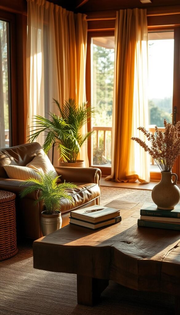 A cozy brown living room with natural elements artfully arranged. In the foreground, a plush leather armchair nestled beside a woven rattan side table, a potted fern casting soft shadows. In the middle ground, a rustic wooden coffee table topped with a stack of weathered books and a ceramic vase of dried flowers. Warm ambient lighting filters through sheer curtains, casting a golden glow. In the background, large windows frame a lush outdoor vista, blurring the line between indoor and outdoor spaces. The overall scene exudes a sense of harmony and tranquility, inviting the viewer to pause and reconnect with the natural world.