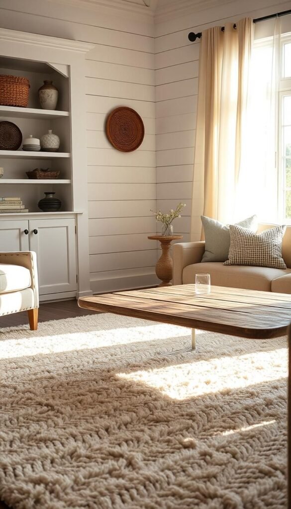 A cozy coastal living room, bathed in natural light filtering through sheer curtains. In the foreground, a plush area rug with a subtle herringbone pattern, its fibers catching the warm glow. Atop it, a weathered wooden coffee table, its surface bearing the marks of time - a tapestry of textures that invite the touch. Framing the scene, a set of built-in shelves adorned with decorative accents, their surfaces varying from smooth ceramic to rough, woven baskets. In the background, a wall paneled with whitewashed shiplap, its horizontal lines adding depth and visual interest. The overall atmosphere is one of relaxed sophistication, where layers of texture create a sense of warmth and depth, evoking the serene charm of a coastal retreat.