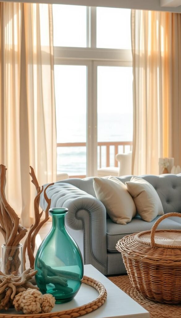 A cozy coastal living room, bathed in warm, golden light filtering through sheer curtains. In the foreground, a collection of artfully curated treasures - driftwood sculptures, sea glass vases, and an intricately patterned woven basket. Midground features a plush, tufted sofa in a soft, muted blue hue, complemented by a natural jute rug and a scattering of plump, linen-covered throw pillows. In the background, a large window frames a serene, sun-dappled seascape, with wispy clouds drifting across the horizon. The overall ambiance evokes a sense of tranquility and personalized style, perfect for a coastal-inspired living space.