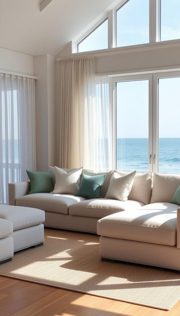 A cozy coastal living room with a plush, oversized sofa taking center stage. The sofa features soft, light-colored upholstery and large, comfortable cushions, inviting you to sink in and relax. Placed in front of a large window overlooking the sea, the sofa is bathed in warm, natural light that filters through sheer white curtains. Complementing the sofa are two matching armchairs, creating a cohesive seating arrangement. Decorative throw pillows in muted shades of blue, green, and white add a touch of seaside charm. The overall atmosphere is one of tranquility and relaxation, perfectly capturing the essence of a modern coastal living space. A cozy coastal living room with a plush, oversized sofa taking center stage. The sofa features soft, light-colored upholstery and large, comfortable cushions, inviting you to sink in and relax. Placed in front of a large window overlooking the sea, the sofa is bathed in warm, natural light that filters through sheer white curtains. Complementing the sofa are two matching armchairs, creating a cohesive seating arrangement. Decorative throw pillows in muted shades of blue, green, and white add a touch of seaside charm. The overall atmosphere is one of tranquility and relaxation, perfectly capturing the essence of a modern coastal living space.