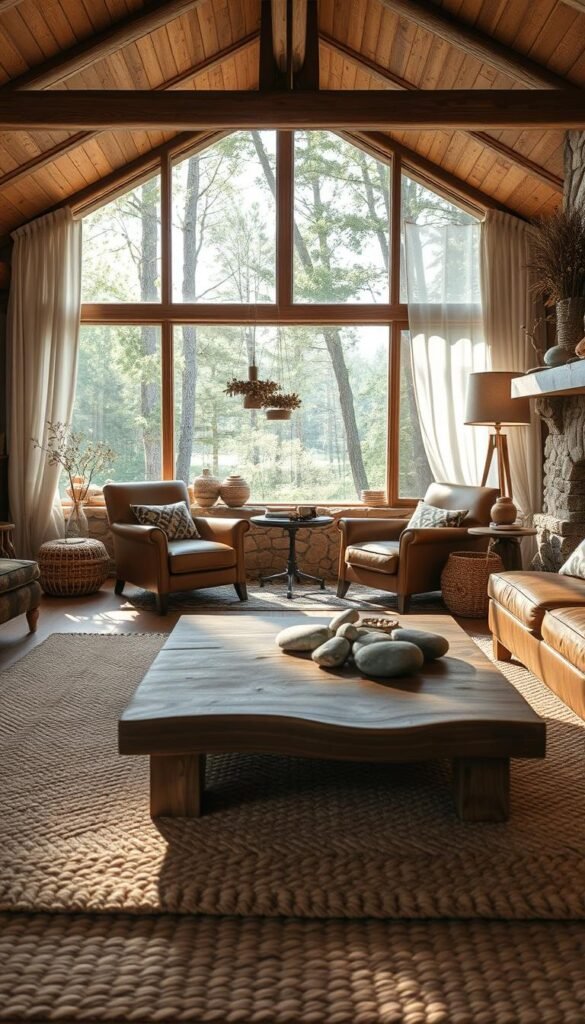 A cozy cottage living room nestled in a sun-dappled forest, adorned with an array of natural textures and materials. In the foreground, a plush woven area rug in earthy tones anchors the space, complemented by a weathered wooden coffee table topped with smooth river stones. Midground features a pair of supple leather armchairs positioned near a stone fireplace, its mantel adorned with a garland of dried florals. The background showcases a panoramic window framing a lush landscape, the warm glow of natural light filtering through sheer linen curtains. Soft, diffused lighting creates a serene, inviting ambiance, accentuating the rustic charm of the natural materials.