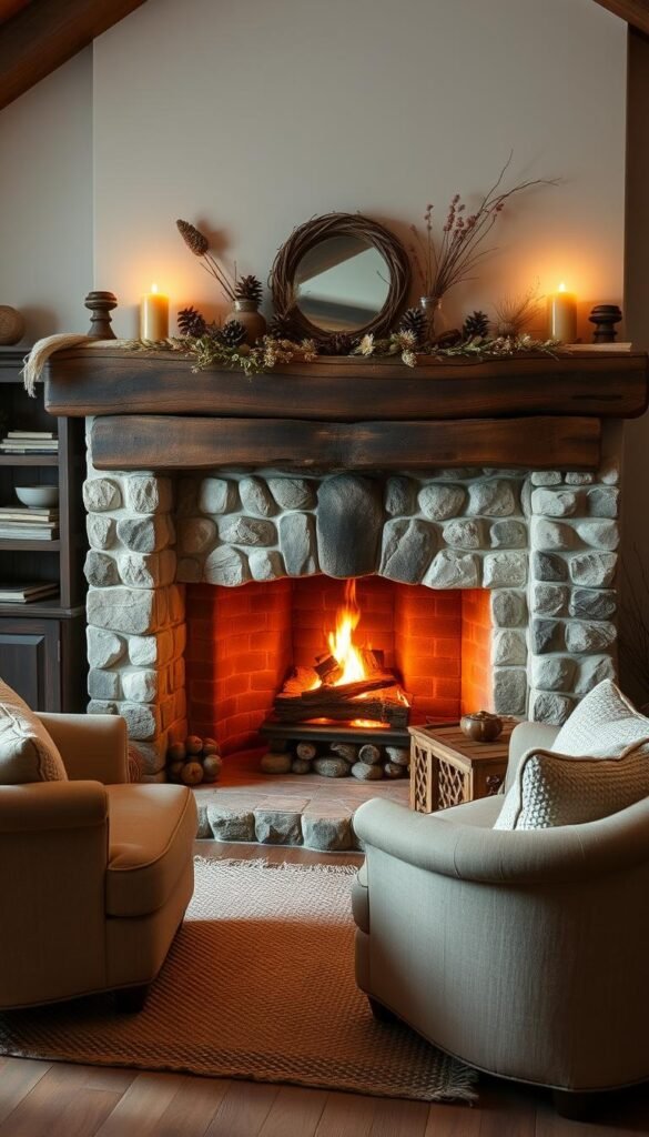 A cozy cottage living room with a rustic fireplace as the focal point. The fireplace mantle is adorned with natural elements like pinecones, dried flowers, and candles, creating a warm, inviting ambiance. Plush armchairs and a soft, textured rug sit around the fireplace, inviting you to curl up and bask in the flickering flames. Soft, diffused lighting casts a gentle glow throughout the space, highlighting the character of the room. The overall scene is one of comfort, simplicity, and charming cottage style.