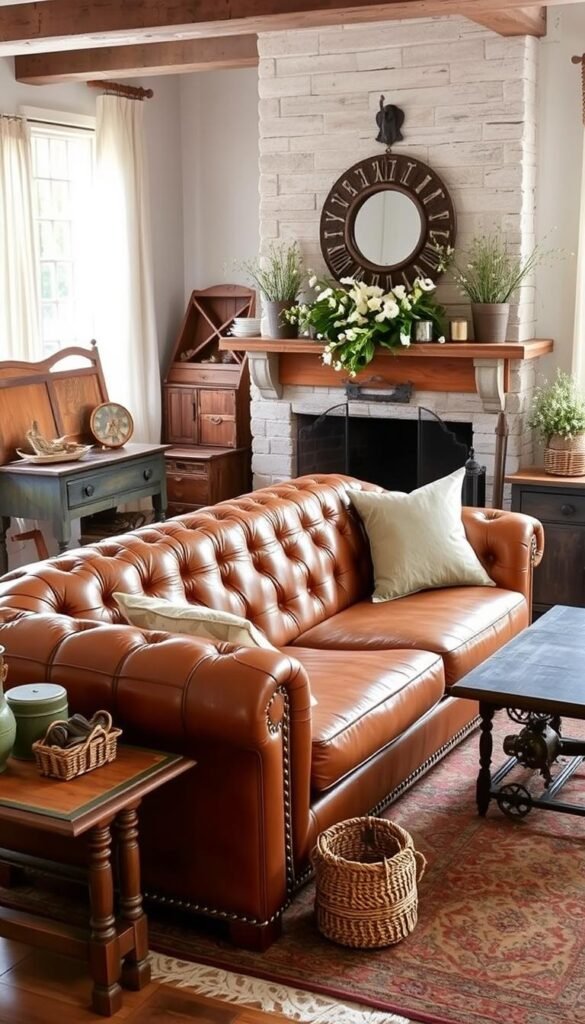 A cozy country living room filled with rustic charm and warm, inviting textures. A plush, tufted leather sofa sits atop a vintage Persian rug, surrounded by weathered wooden side tables and a classic fireplace mantel adorned with fresh wildflowers. Soft, natural light filters in through sheer curtains, casting a gentle glow over the space. Decorative elements like woven baskets, galvanized metal accents, and antique farmhouse-inspired furnishings create a cohesive, lived-in aesthetic. The overall mood is one of comfort, coziness, and timeless country style.