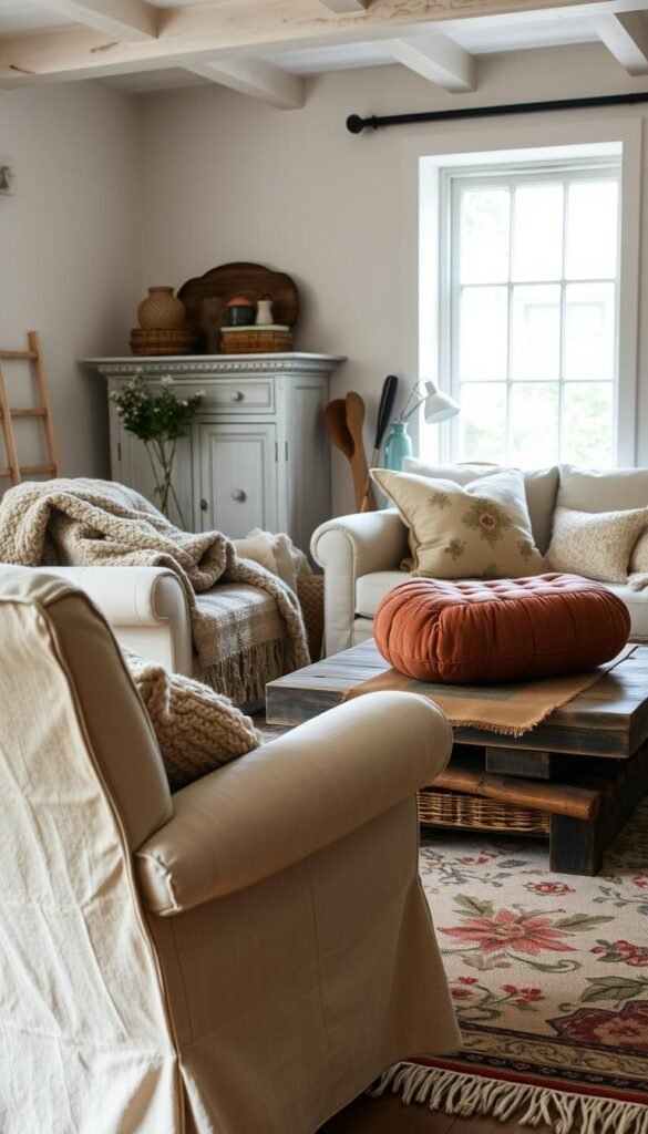 A cozy country living room with plush textile layers. In the foreground, a comfortable linen armchair with soft, nubby throw blankets draped over the back. In the middle ground, a rustic wooden coffee table topped with a velvety pouf and a stack of woolly pillows. Behind, a large area rug with a vintage floral pattern anchors the scene. Filtered natural light streams in from a nearby window, casting a warm, ambient glow. The overall atmosphere is one of inviting texture, muted tones, and effortless charm, creating a welcoming, hygge-inspired space.