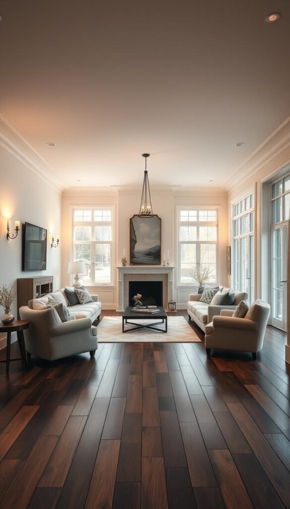 A cozy cream-colored living room with a warm, inviting ambiance. The focal point is a large expanse of dark wood flooring, its rich hues grounding the space and adding a touch of elegance. Soft, diffused lighting from wall sconces and a central pendant fixture creates a gentle, soothing atmosphere. The wooden floor extends seamlessly throughout, creating a sense of continuity and flow. Plush, neutral-toned furnishings, including a deep sectional sofa and a pair of armchairs, invite relaxation. Large windows allow natural light to flood the room, further enhancing the sense of tranquility. The overall impression is one of sophisticated, understated luxury - a harmonious blend of textures and tones that creates a truly serene and inviting living space.