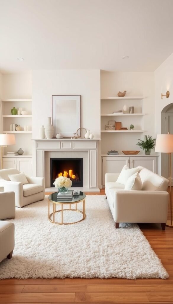 A cozy cream living room with strategic decor pieces that create visual interest. A large, plush cream-colored sofa takes center stage, flanked by minimalist cream armchairs. A cream-colored shag rug covers the hardwood floor, adding texture. On the mantelpiece, a series of cream ceramic vases and candles cast a warm glow. Sleek cream-colored shelves display decorative items in varying heights and shapes, drawing the eye upwards. Soft, diffused lighting from cream-shaded floor lamps and wall sconces creates a calming, luxurious atmosphere. The room is photographed from an angle that showcases the cohesive, balanced design.