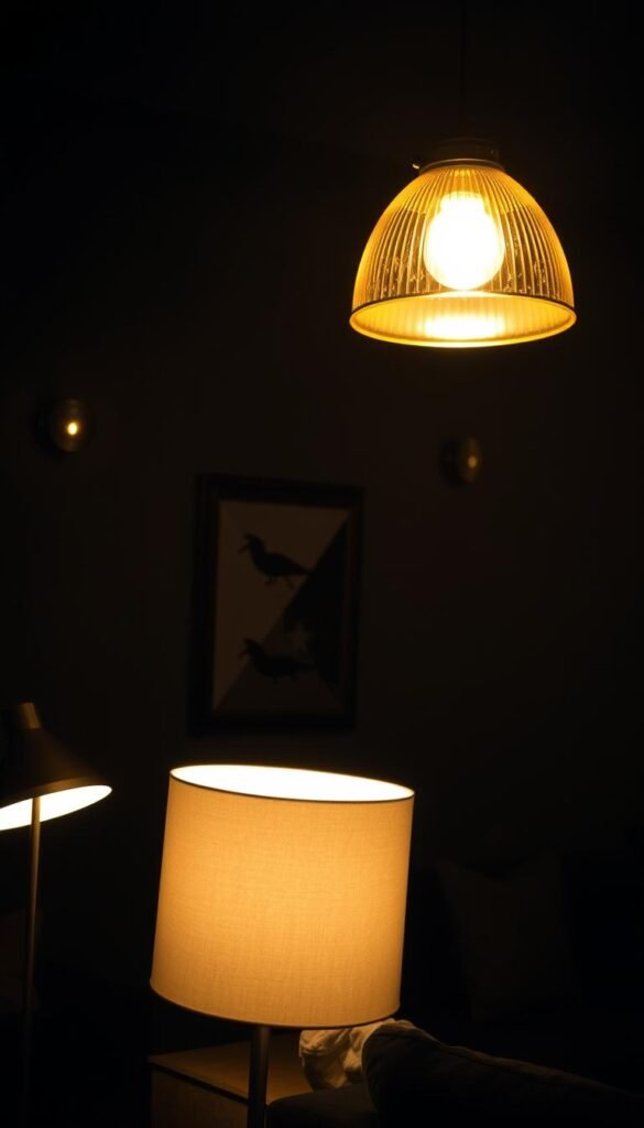 A cozy, dimly-lit living room with a moody, brooding atmosphere. The focal point is a collection of thoughtfully-placed lighting solutions that cast warm, golden hues across the space. In the foreground, a pair of sleek, modern floor lamps with adjustable shades provide focused task lighting. In the middle ground, a large, vintage-inspired pendant light with an amber glass shade hangs elegantly, bathing the room in a soft, ambient glow. Along the walls, a series of wall sconces with muted metal finishes add depth and nuance to the lighting design. The overall effect is one of subtle sophistication and inviting comfort, perfect for a relaxing, moody living room retreat.