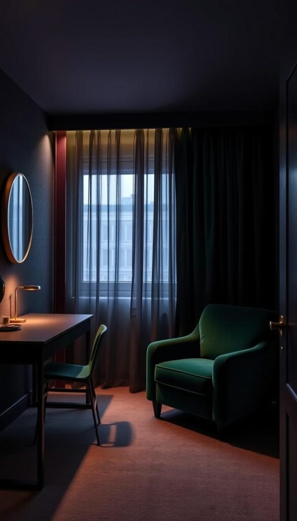 A cozy, dimly lit teen bedroom with a moody, dramatic color palette. Soft, warm lighting casts deep shadows and highlights the textured walls in shades of navy blue, charcoal gray, and eggplant purple. A large, plush velvet armchair in a rich emerald green sits adjacent to a sleek, modern desk with clean lines. Sheer curtains in a muted forest green gently billow, creating a sense of depth and atmosphere. Subtle metallic accents, like a gold-framed mirror and brass hardware, add a touch of luxury. The overall vibe is serene, sophisticated, and inspiring - a space where a teenager can relax, study, and express their evolving personal style.