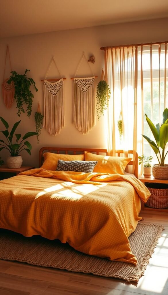 A cozy, earth-toned boho bedroom flooded with warm, soft lighting. A plush, mustard-yellow textured duvet covers a wooden bed frame, accompanied by rattan nightstands and a woven area rug. Lush, trailing potted plants and macrame wall hangings create a serene, nature-inspired ambiance. Sunlight streams through gauzy curtains, casting a golden glow over the scene. The overall atmosphere is one of relaxation and free-spirited, organic elegance.