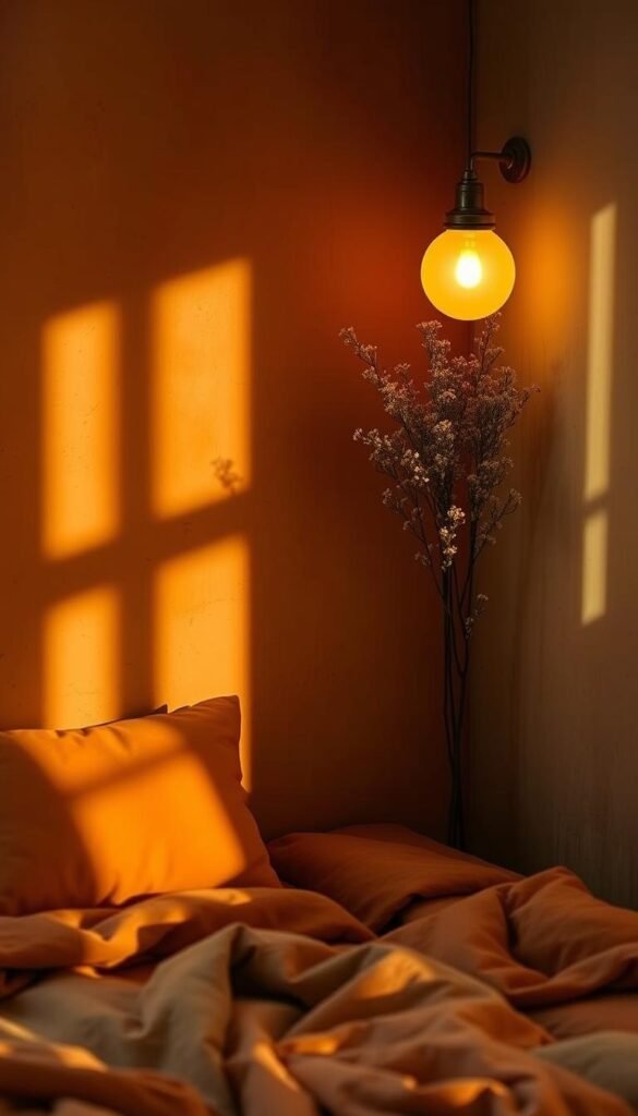 A cozy, earthbound color palette of warm, muted hues fills the frame. Burnished tones of ochre, rust, and terracotta dominate the middle ground, complemented by softer shades of olive, sage, and limestone in the background. Pools of amber and honey-gold illuminate the corners, casting a soothing, natural glow. Soft shadows add depth and dimension, while the overall composition exudes a sense of tranquility and comfort. The lighting is diffused, creating a dreamy, intimate atmosphere, as if captured through a vintage lens. This earthy, moody palette evokes the serene, restful ambiance of a cozy bedroom, perfect for cultivating a sense of grounded, restorative rest.
