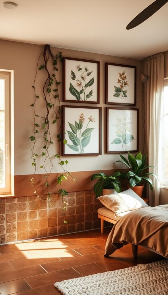 A cozy, earthy accent wall adorned with lush botanical prints, bathed in warm, natural lighting. Textured terracotta tiles line the lower half, while the upper half showcases a gallery wall of framed illustrations featuring tropical foliage, delicate flowers, and organic motifs. Trailing vines and potted plants add a touch of verdant charm, complementing the muted, earthy color palette. Soft, diffused light filters in through large windows, creating a tranquil, inviting atmosphere perfect for a serene bedroom retreat. A cozy, earthy accent wall adorned with lush botanical prints, bathed in warm, natural lighting. Textured terracotta tiles line the lower half, while the upper half showcases a gallery wall of framed illustrations featuring tropical foliage, delicate flowers, and organic motifs. Trailing vines and potted plants add a touch of verdant charm, complementing the muted, earthy color palette. Soft, diffused light filters in through large windows, creating a tranquil, inviting atmosphere perfect for a serene bedroom retreat.