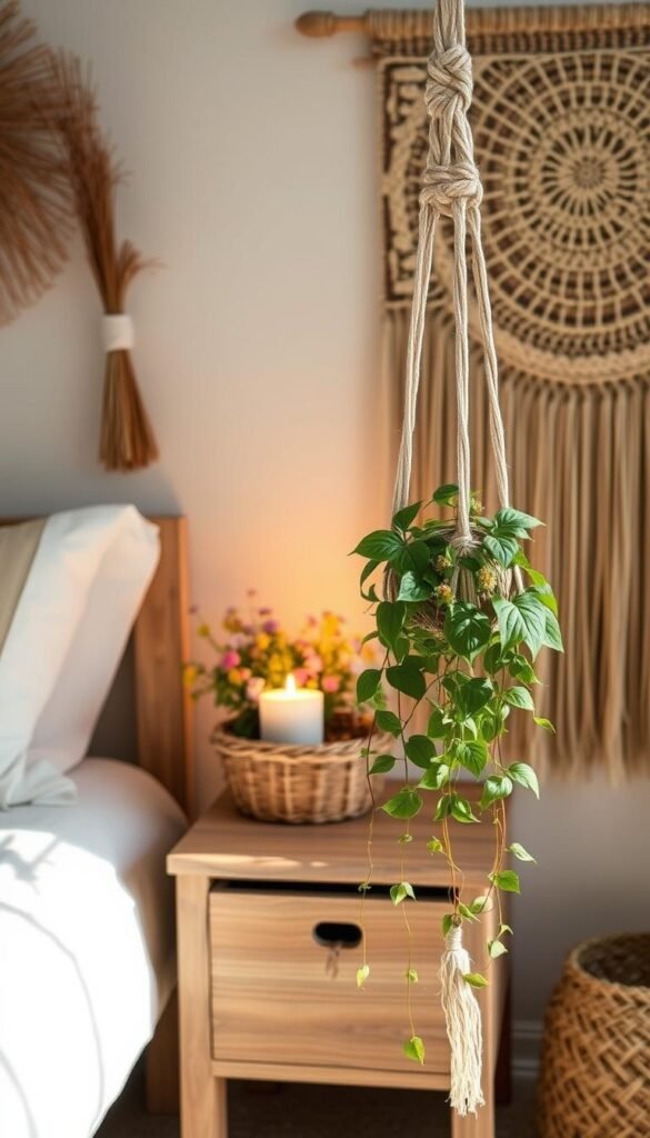 A cozy, earthy bedroom adorned with natural accessories. Soft, ambient lighting illuminates a rustic wooden nightstand topped with a gently flickering candle, its warm glow casting gentle shadows. Atop the stand, a woven basket overflows with fresh wildflowers, their vibrant hues and delicate petals adding a touch of organic beauty. In the foreground, a handwoven macrame plant hanger suspends a trailing pothos plant, its lush green leaves cascading gracefully. In the background, a large woven wall hanging in earthy tones completes the serene, nature-inspired scene, creating a space that feels warm, inviting, and deeply connected to the natural world.