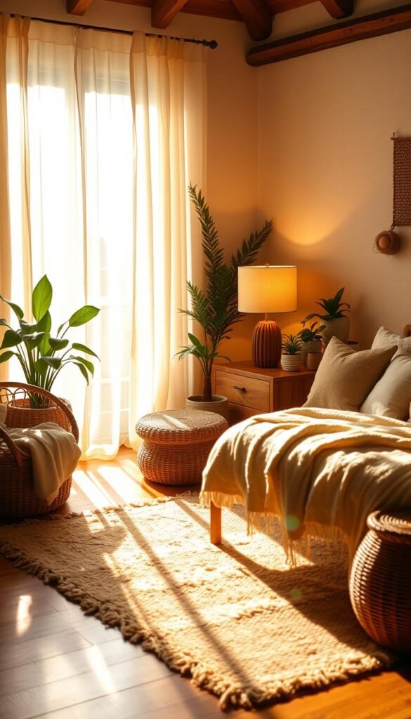 A cozy, earthy bedroom bathed in soft, warm lighting. Sunlight filters through sheer curtains, casting a golden glow across the space. A bedside table lamp with a fabric shade emits a comforting, ambient light. Rattan furniture, textured throw blankets, and potted plants create a relaxed, bohemian atmosphere. The hardwood floors are partially covered by a plush, natural-fiber rug. Overall, the scene evokes a sense of tranquility and effortless style.