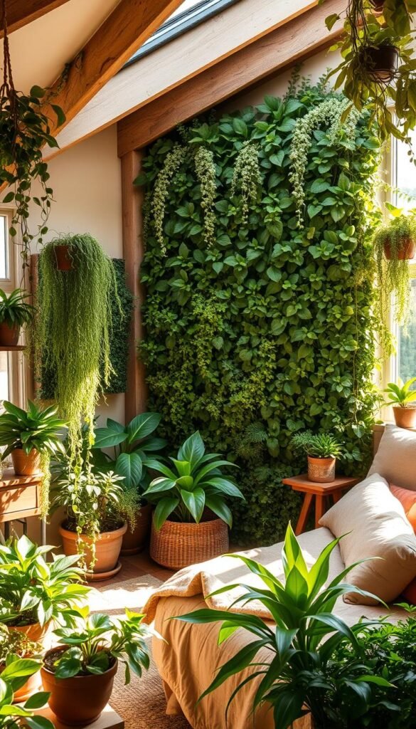 A cozy, earthy bedroom filled with lush, verdant foliage. Sunlight streams through large windows, casting a warm, natural glow. In the foreground, a variety of potted plants - trailing vines, leafy ferns, and vibrant succulents - adorn shelves and side tables. In the middle ground, a stunning floor-to-ceiling living wall cascades down one wall, creating a stunning focal point. The background features a plush, neutral-toned bed surrounded by more greenery, blending the outdoors and indoors seamlessly. The overall atmosphere is serene, calming, and deeply connected to nature.